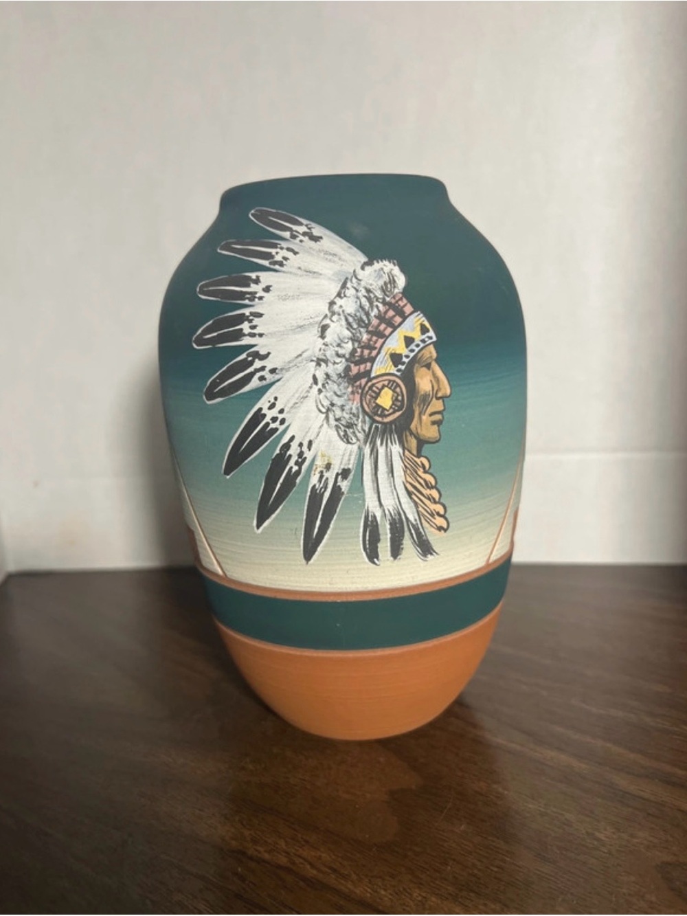 Hand-Painted Turquoise and Terracotta Native Headdress Vase